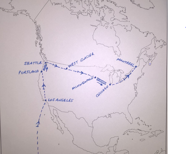 Departure musings > Melbourne > LAX > Portland > Seattle > West Glacier > Minneapolis > Chicago > Montreal